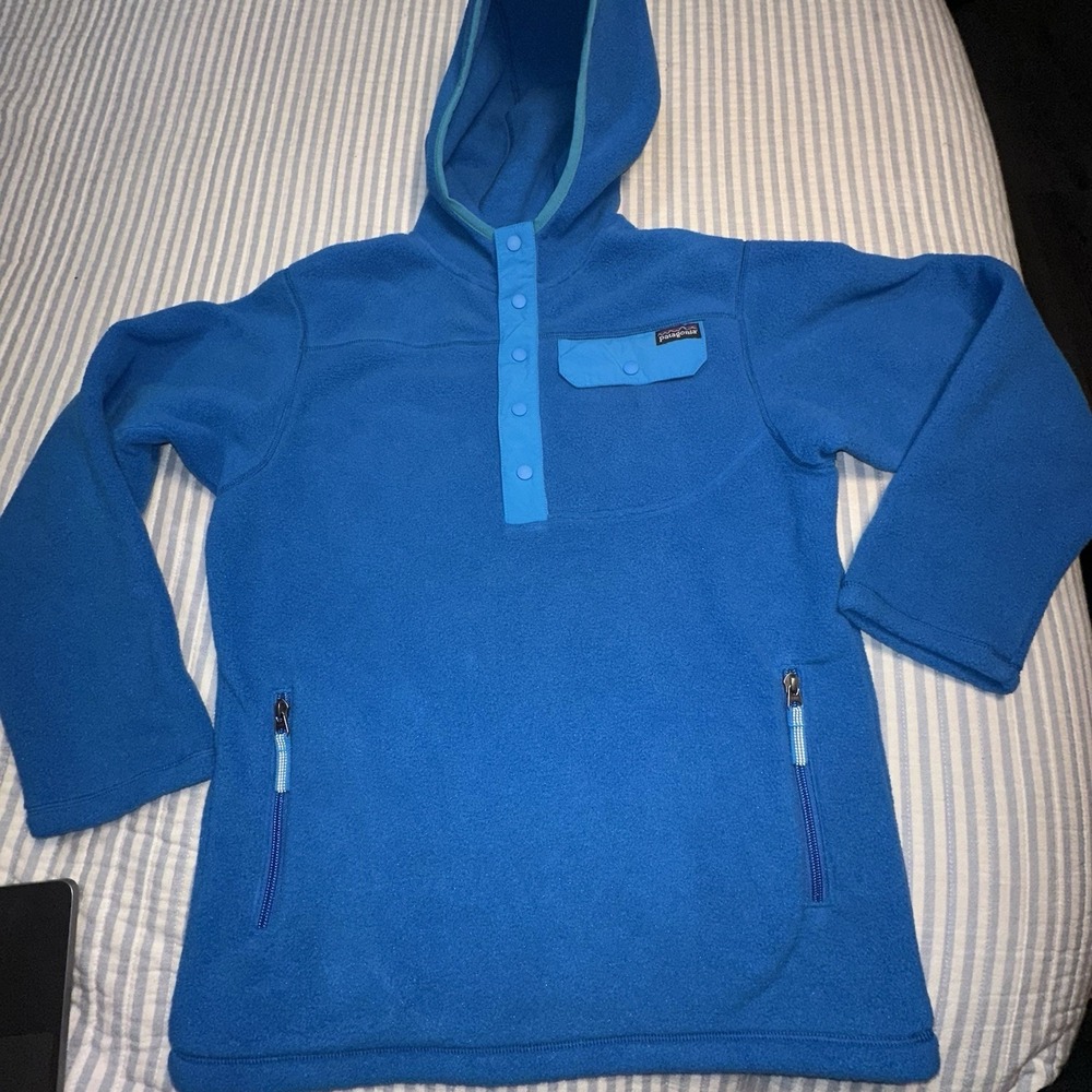 Patagonia Boys Synchilla Snap-T Fleece Hoodie Blue Size L Kangaroo Pocket